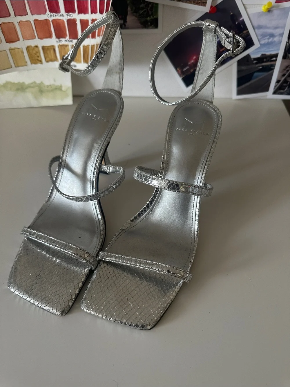 Marc Fisher Silver Metallic Square-Toe Ankle-Strap Heels